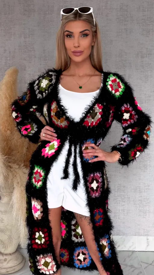 Oryginalny puszysty kardigan szydełkowy BLACK na wiosną ONE SIZE - R751