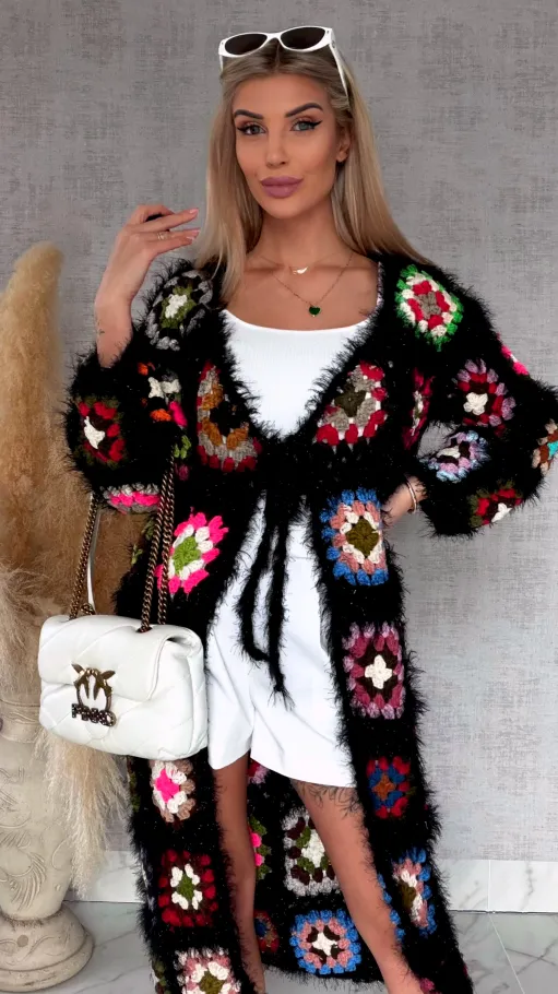 Oryginalny puszysty kardigan szydełkowy BLACK na wiosną ONE SIZE - R751