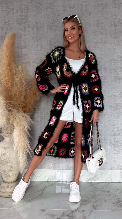 Oryginalny puszysty kardigan szydełkowy BLACK na wiosną ONE SIZE - R751
