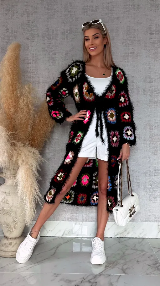 Oryginalny puszysty kardigan szydełkowy BLACK na wiosną ONE SIZE - R751