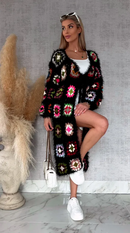 Oryginalny puszysty kardigan szydełkowy BLACK na wiosną ONE SIZE - R751