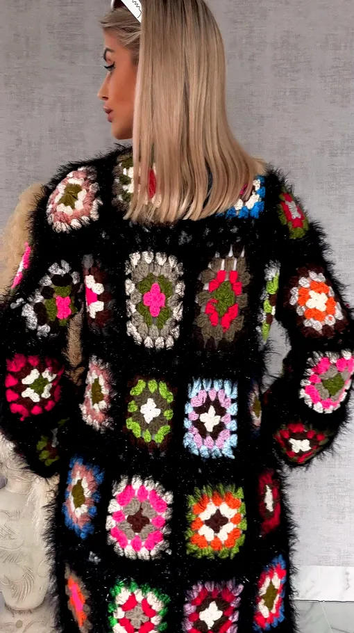 Oryginalny puszysty kardigan szydełkowy BLACK na wiosną ONE SIZE - R751