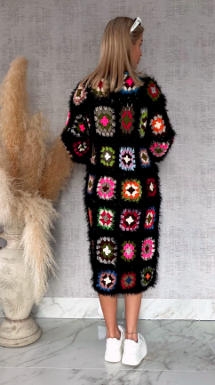 Oryginalny puszysty kardigan szydełkowy BLACK na wiosną ONE SIZE - R751