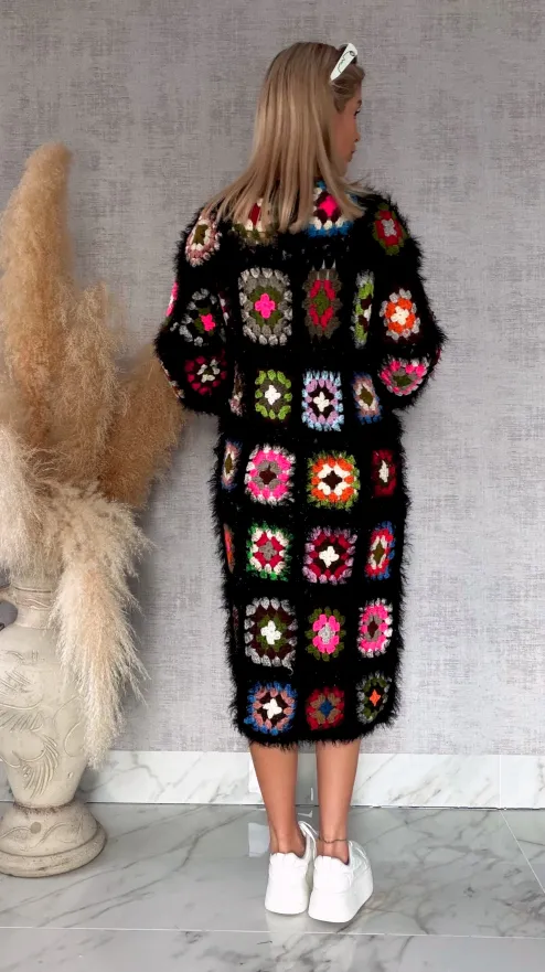 Oryginalny puszysty kardigan szydełkowy BLACK na wiosną ONE SIZE - R751