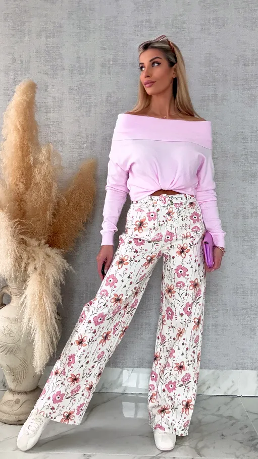 Dzianinowy lekki sweter z dekoltem łódka ONE SIZE pink - R648