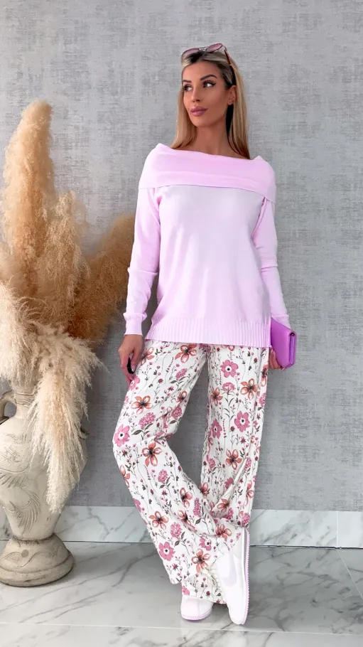 Dzianinowy lekki sweter z dekoltem łódka ONE SIZE pink - R648