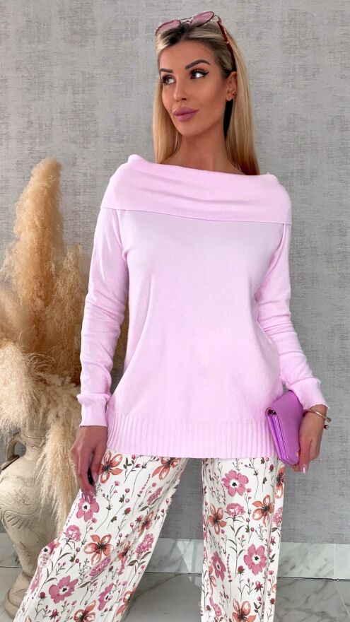 Dzianinowy lekki sweter z dekoltem łódka ONE SIZE pink - R648