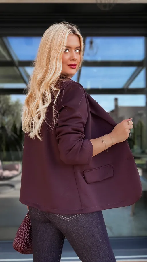 Wygodna dzianinowa marynarka z różą ŚLIWKOWA one size - P956C