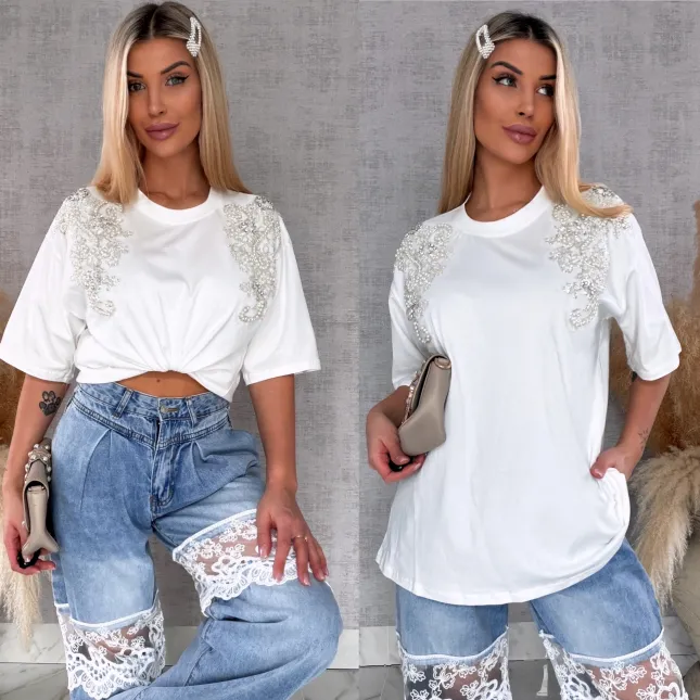 Bawełniana biała bluzka T-SHIRT pięknie zdobiona ONE SIZE - R512