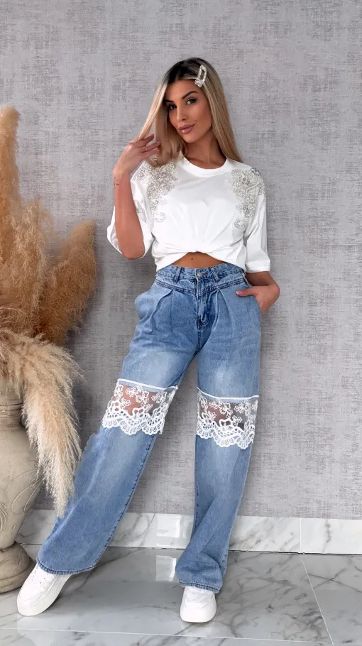 Bawełniana biała bluzka T-SHIRT pięknie zdobiona ONE SIZE - R512