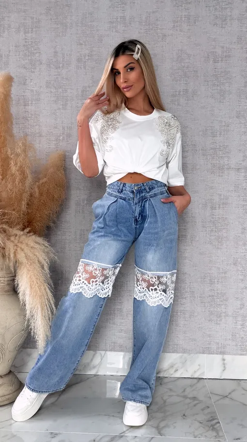 Bawełniana biała bluzka T-SHIRT pięknie zdobiona ONE SIZE - R512