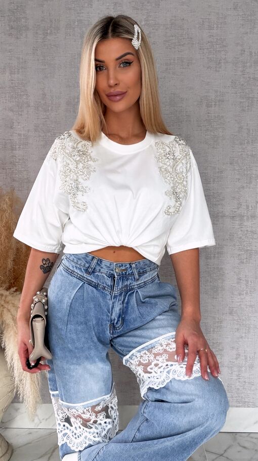 Bawełniana biała bluzka T-SHIRT pięknie zdobiona ONE SIZE - R512
