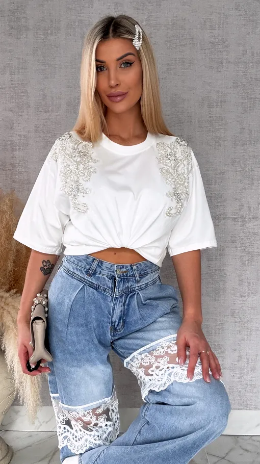 Bawełniana biała bluzka T-SHIRT pięknie zdobiona ONE SIZE - R512