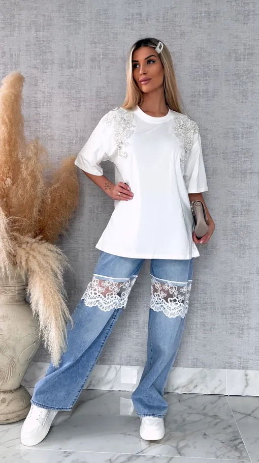 Bawełniana biała bluzka T-SHIRT pięknie zdobiona ONE SIZE - R512