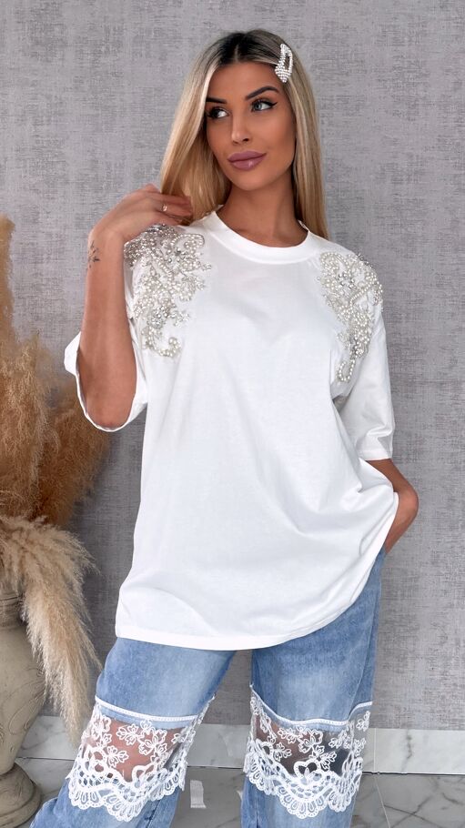 Bawełniana biała bluzka T-SHIRT pięknie zdobiona ONE SIZE - R512