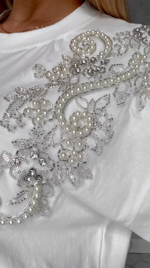 Bawełniana biała bluzka T-SHIRT pięknie zdobiona ONE SIZE - R512