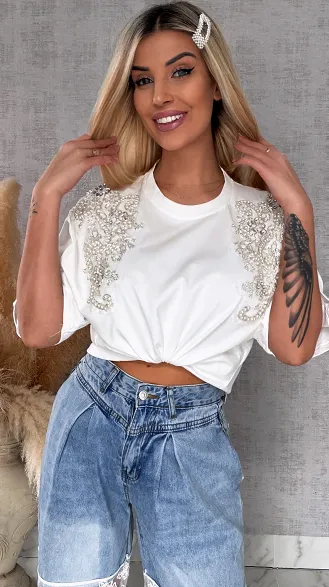 Bawełniana biała bluzka T-SHIRT pięknie zdobiona ONE SIZE - R512