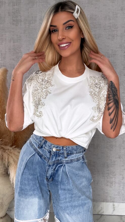 Bawełniana biała bluzka T-SHIRT pięknie zdobiona ONE SIZE - R512