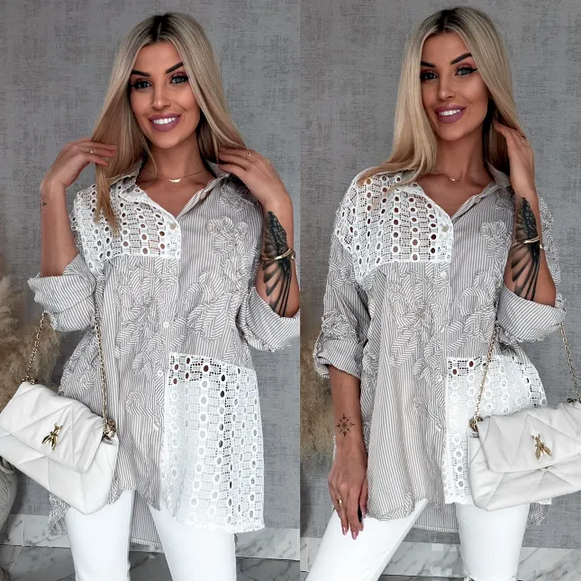 Beżowa bawełniana koszula w paski z białą koronką ONE SIZE - R818B