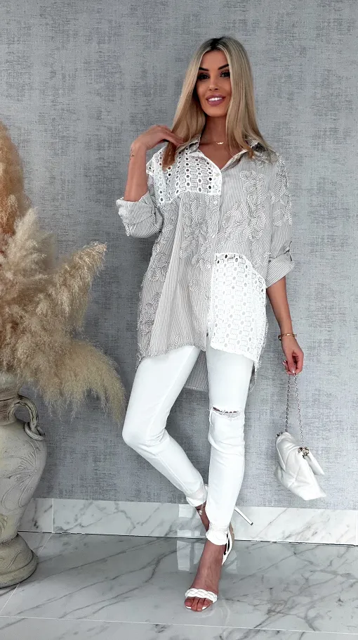 Beżowa bawełniana koszula w paski z białą koronką ONE SIZE - R818B