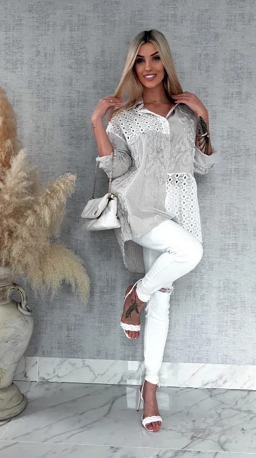 Beżowa bawełniana koszula w paski z białą koronką ONE SIZE - R818B