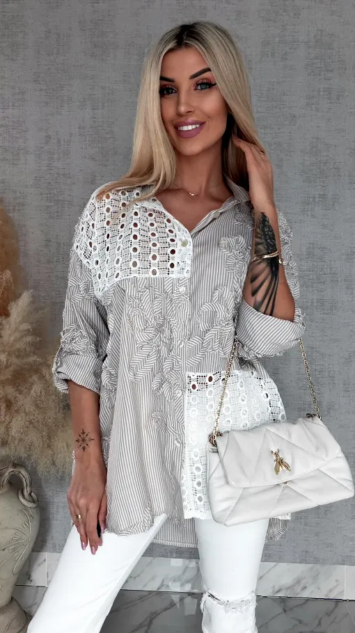 Beżowa bawełniana koszula w paski z białą koronką ONE SIZE - R818B