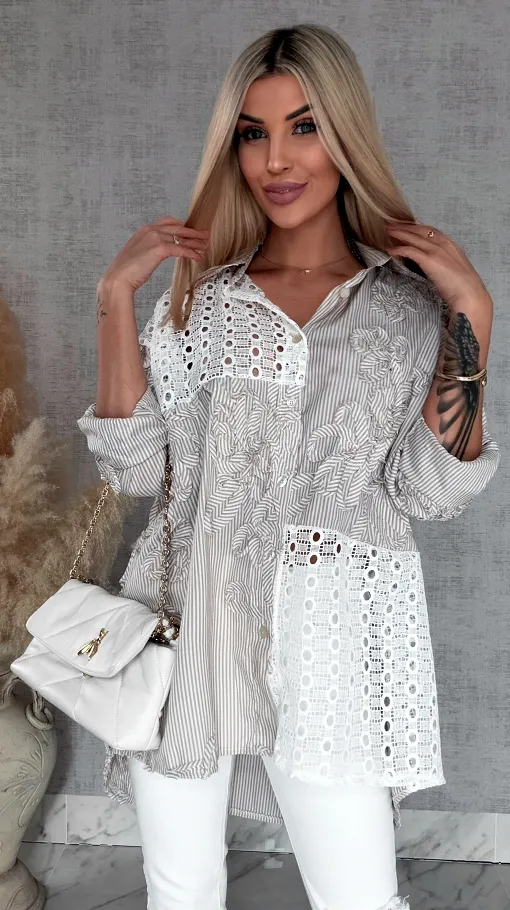 Beżowa bawełniana koszula w paski z białą koronką ONE SIZE - R818B