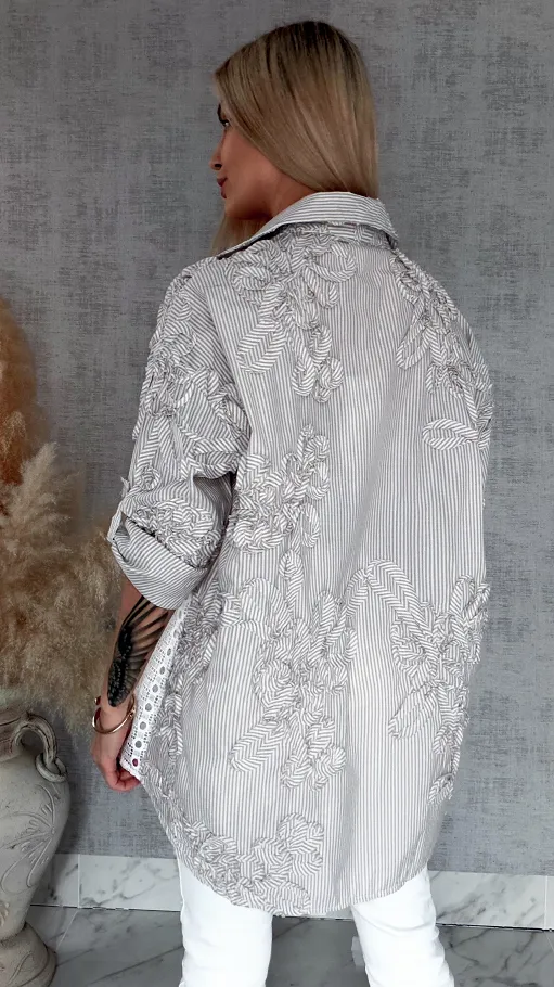 Beżowa bawełniana koszula w paski z białą koronką ONE SIZE - R818B