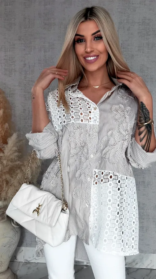 Beżowa bawełniana koszula w paski z białą koronką ONE SIZE - R818B