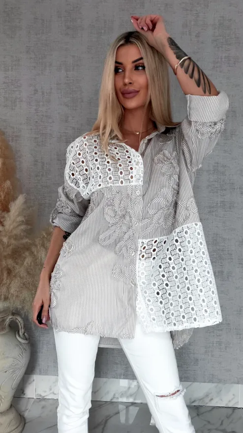 Beżowa bawełniana koszula w paski z białą koronką ONE SIZE - R818B