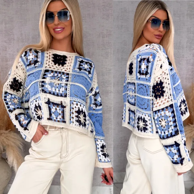 Świetny lekki ażurowy sweter w szydełkowym stylu w odcieniach BLUE - R690A