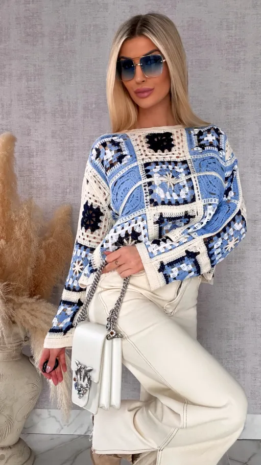 Świetny lekki ażurowy sweter w szydełkowym stylu w odcieniach BLUE - R690A