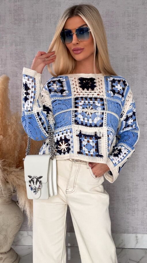 Świetny lekki ażurowy sweter w szydełkowym stylu w odcieniach BLUE - R690A