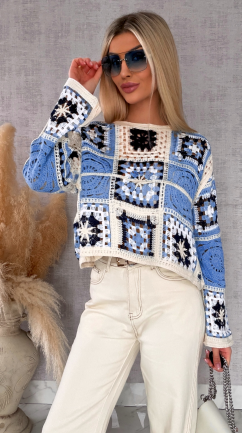 Świetny lekki ażurowy sweter w szydełkowym stylu w odcieniach BLUE - R690A