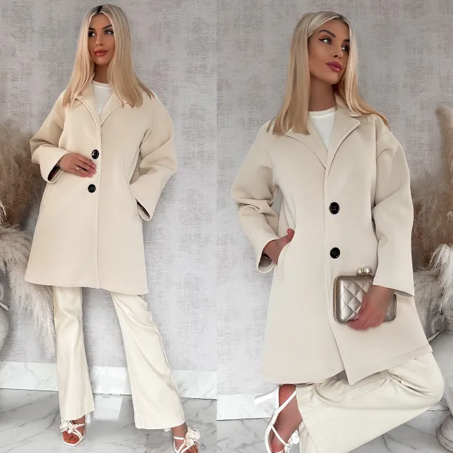 Wiosenny MIDI płaszcz zapinany na duże guziki BEŻOWY - R872