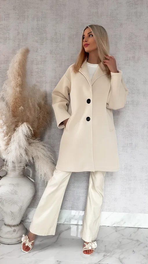 Wiosenny MIDI płaszcz zapinany na duże guziki BEŻOWY - R872