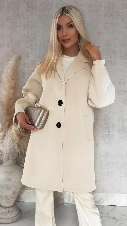 Wiosenny MIDI płaszcz zapinany na duże guziki BEŻOWY - R872