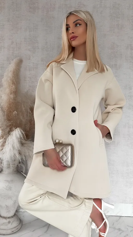 Wiosenny MIDI płaszcz zapinany na duże guziki BEŻOWY - R872