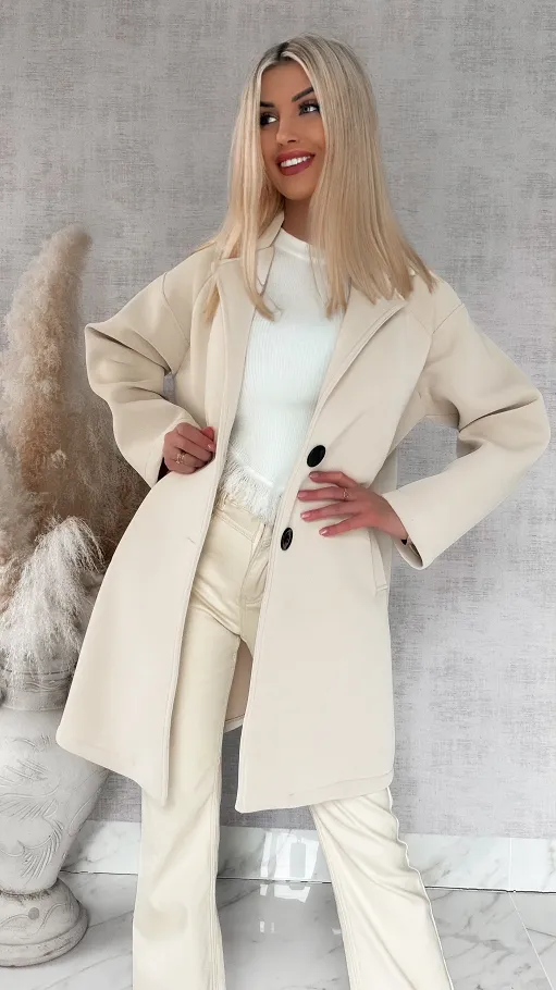 Wiosenny MIDI płaszcz zapinany na duże guziki BEŻOWY - R872