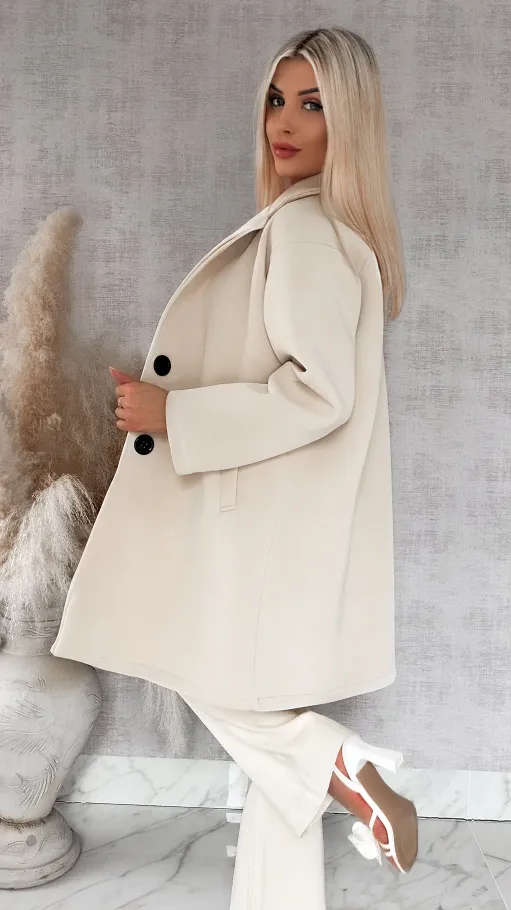 Wiosenny MIDI płaszcz zapinany na duże guziki BEŻOWY - R872