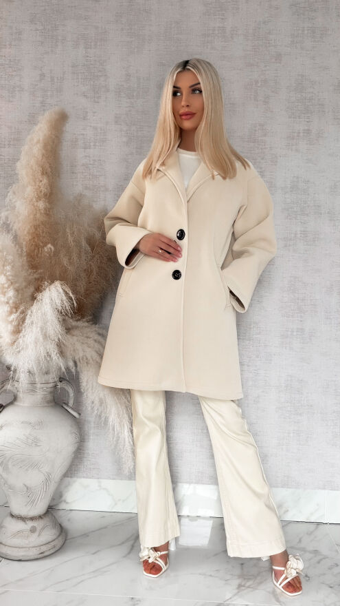 Wiosenny MIDI płaszcz zapinany na duże guziki BEŻOWY - R872