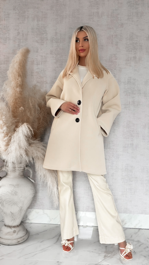 Wiosenny MIDI płaszcz zapinany na duże guziki BEŻOWY - R872