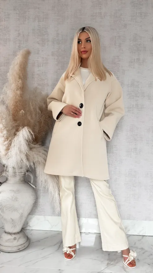 Wiosenny MIDI płaszcz zapinany na duże guziki BEŻOWY - R872