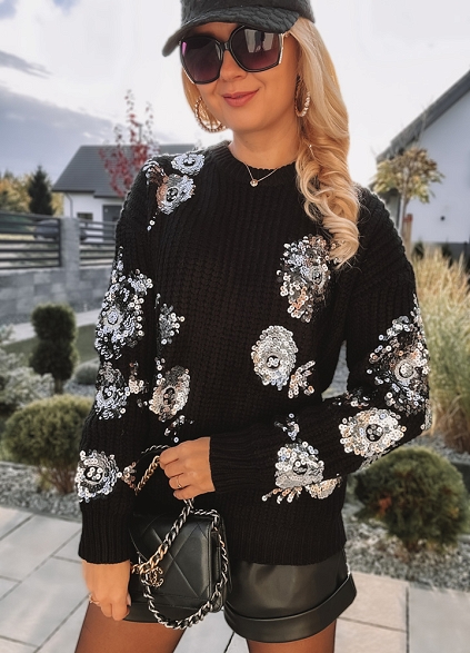 Modny sweter srebrne cekiny BLACK - L202