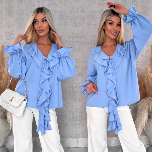 Elegancka niebieska bluzka z ozdobnym wiązanym dekoltem ONE SIZE - R562