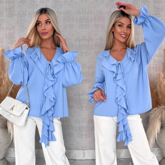 Elegancka niebieska bluzka z ozdobnym wiązanym dekoltem ONE SIZE - R562