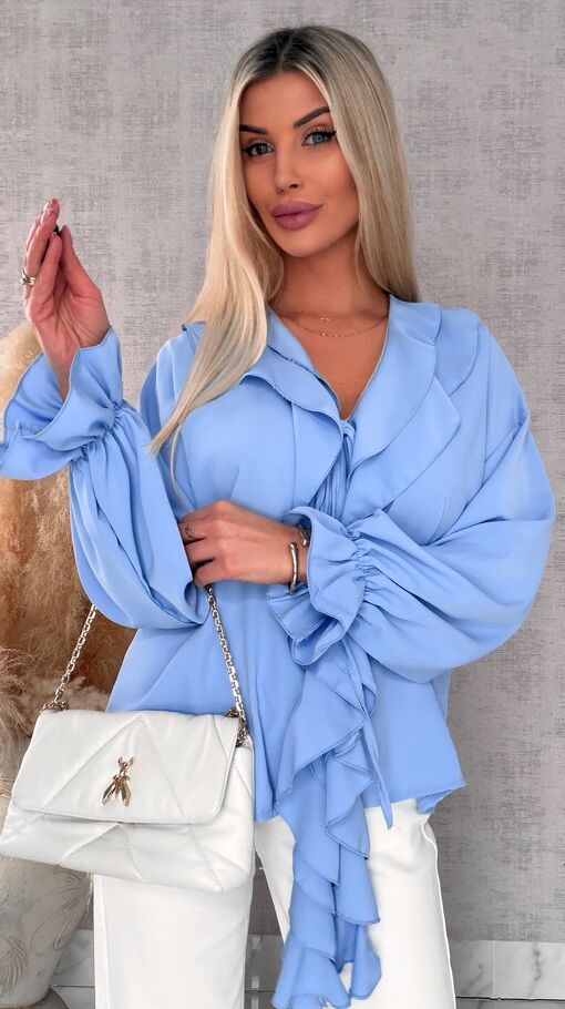 Elegancka niebieska bluzka z ozdobnym wiązanym dekoltem ONE SIZE - R562