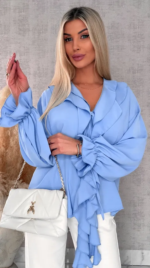 Elegancka niebieska bluzka z ozdobnym wiązanym dekoltem ONE SIZE - R562