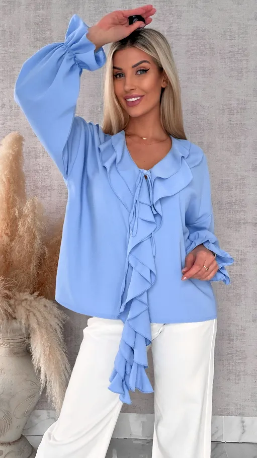 Elegancka niebieska bluzka z ozdobnym wiązanym dekoltem ONE SIZE - R562