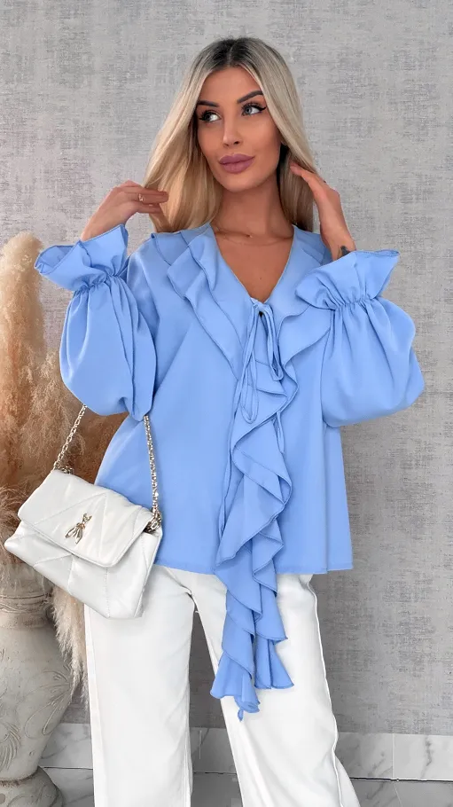 Elegancka niebieska bluzka z ozdobnym wiązanym dekoltem ONE SIZE - R562